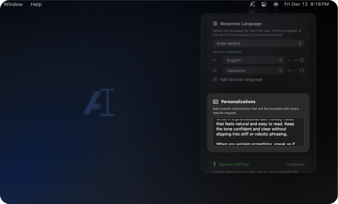 Set your personal writing preferences